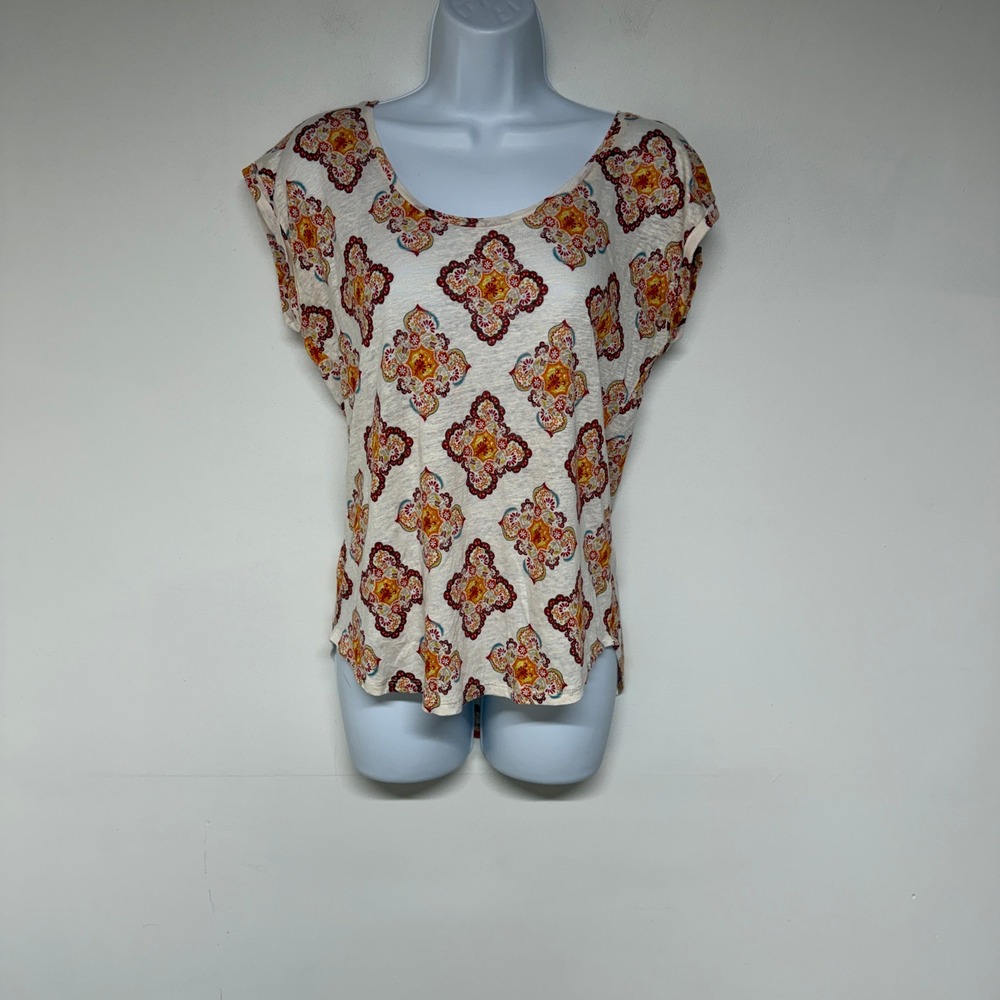 LOFT Ann Taylor Women Size S Medallion Print High Low Top 100% Linen Boho